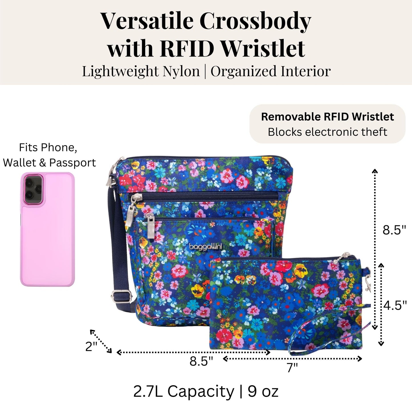 Baggallini Pocket Crossbody Bags for Women 8x8 Small Lightweight Durable Water-resistant Travel Purse W/Rfid