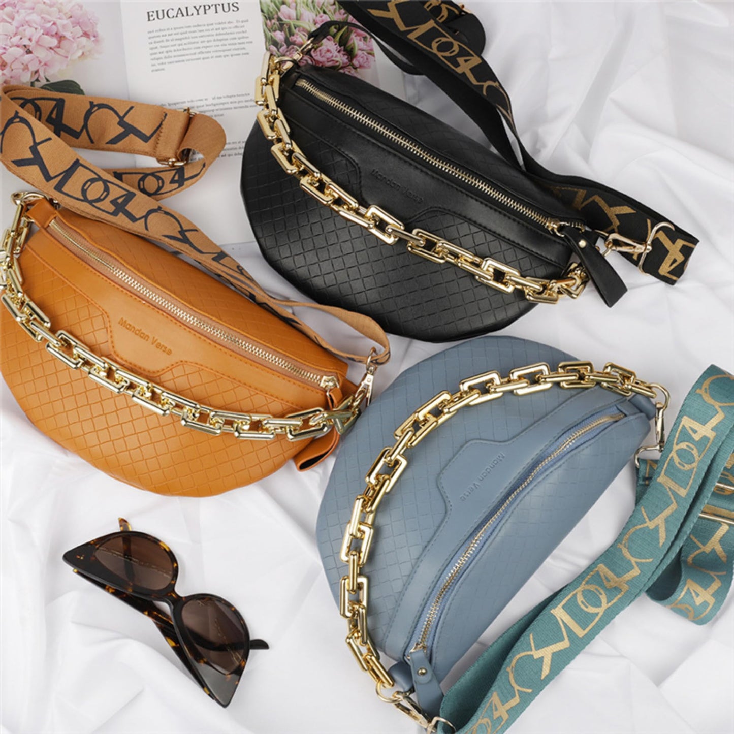Thick Chain Women's Fanny Pack Plaid leather Waist Bag Shoulder Crossbody Chest Bags Luxury Designer Handbags Female Belt Bag