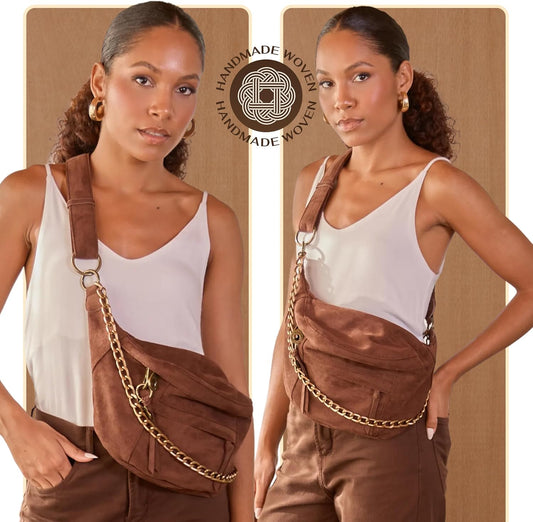 Anti Pickpocket Crossbody Large Vegan Dark Brown Suede Sling Bag RFID & Glasses Pockets, Adjustable Strap, Anti Theft Design, Multiple Compartments, Chain Detail Travel Crossbody Bag for Women