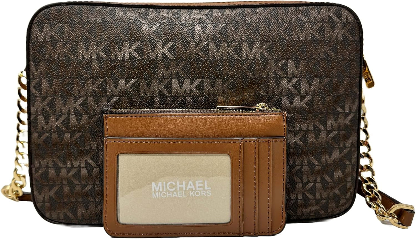 Michael Kors Jet Set Large Printed Logo Crossbody Bag With Matching Logo Coin Pouch (Brown)