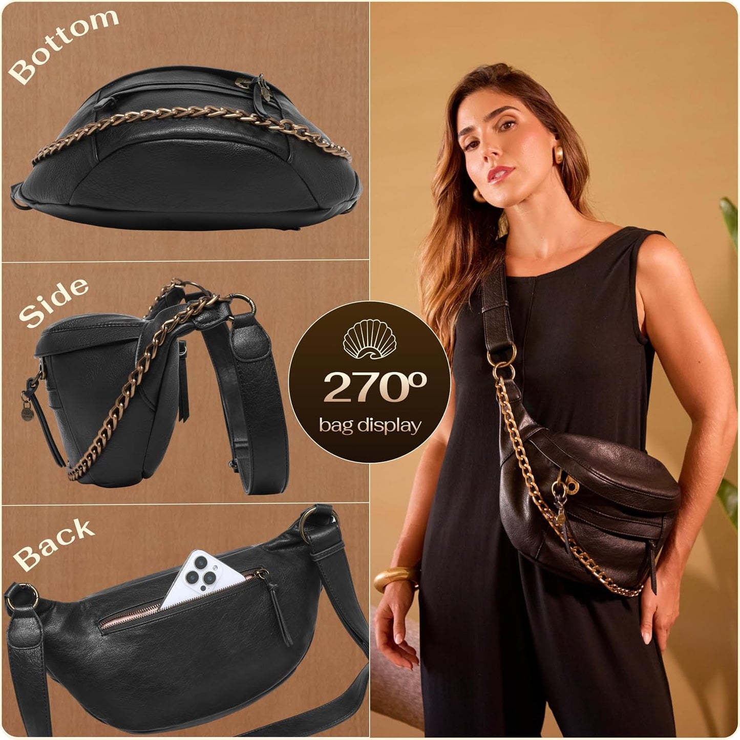 Anti Pickpocket Crossbody Bag – Large Vegan Black Leather Sling Bag with RFID & Glasses Pockets, Anti Theft Design, Multiple Compartments, Chain Detail Travel Crossbody Bag for Women