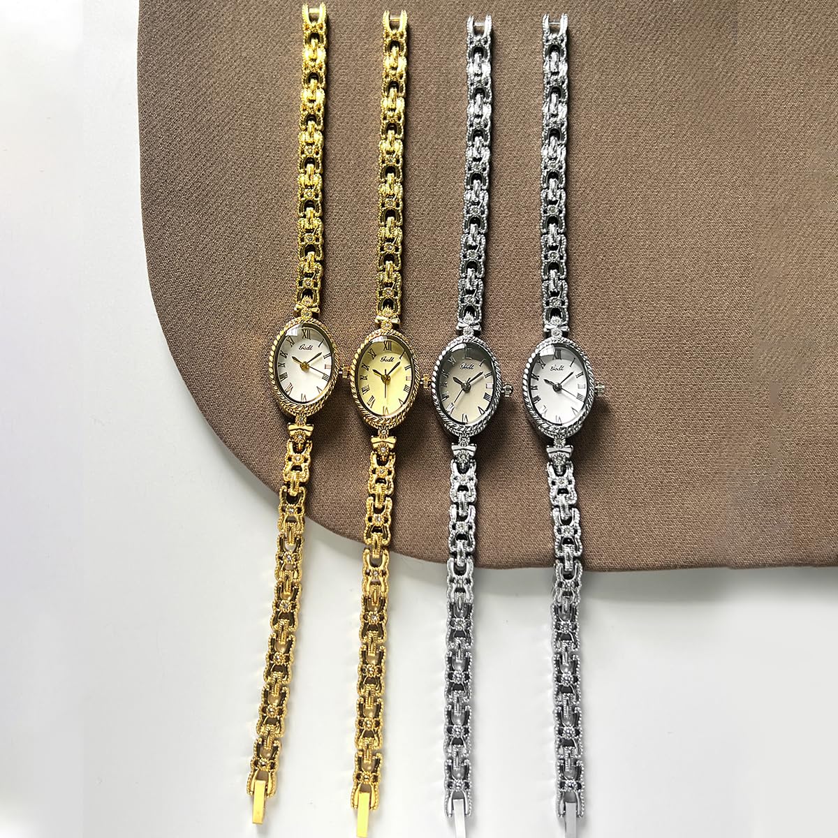 Gosasa Small Gold Watches for Women Vintage Dainty Oval Roman Numeral Dial Analog Slim Bracelet Alloy Band Water Resistant Dress Wrist Watch Elegant Gift
