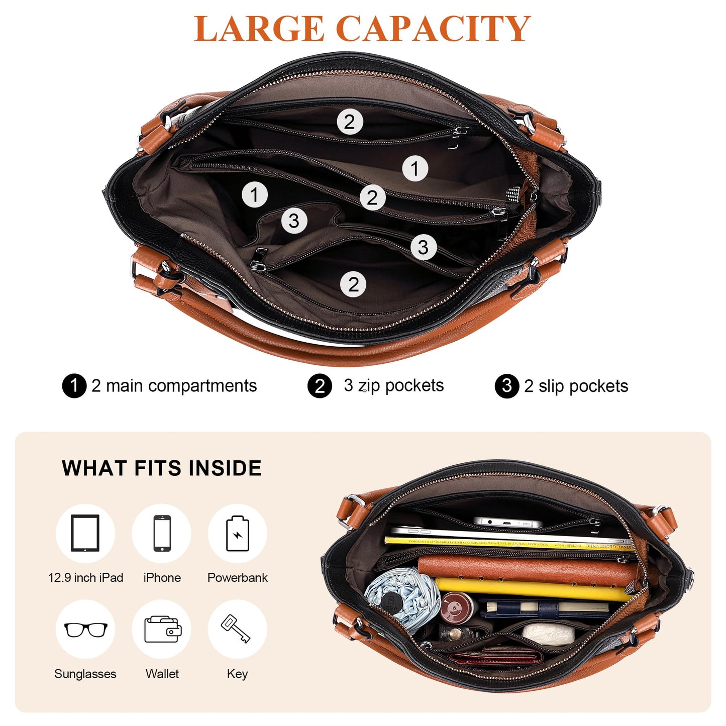 Over Earth Genuine Leather Purses for Women Large Hobo Bags Lady Shoulder Handbags with Detachable Strap