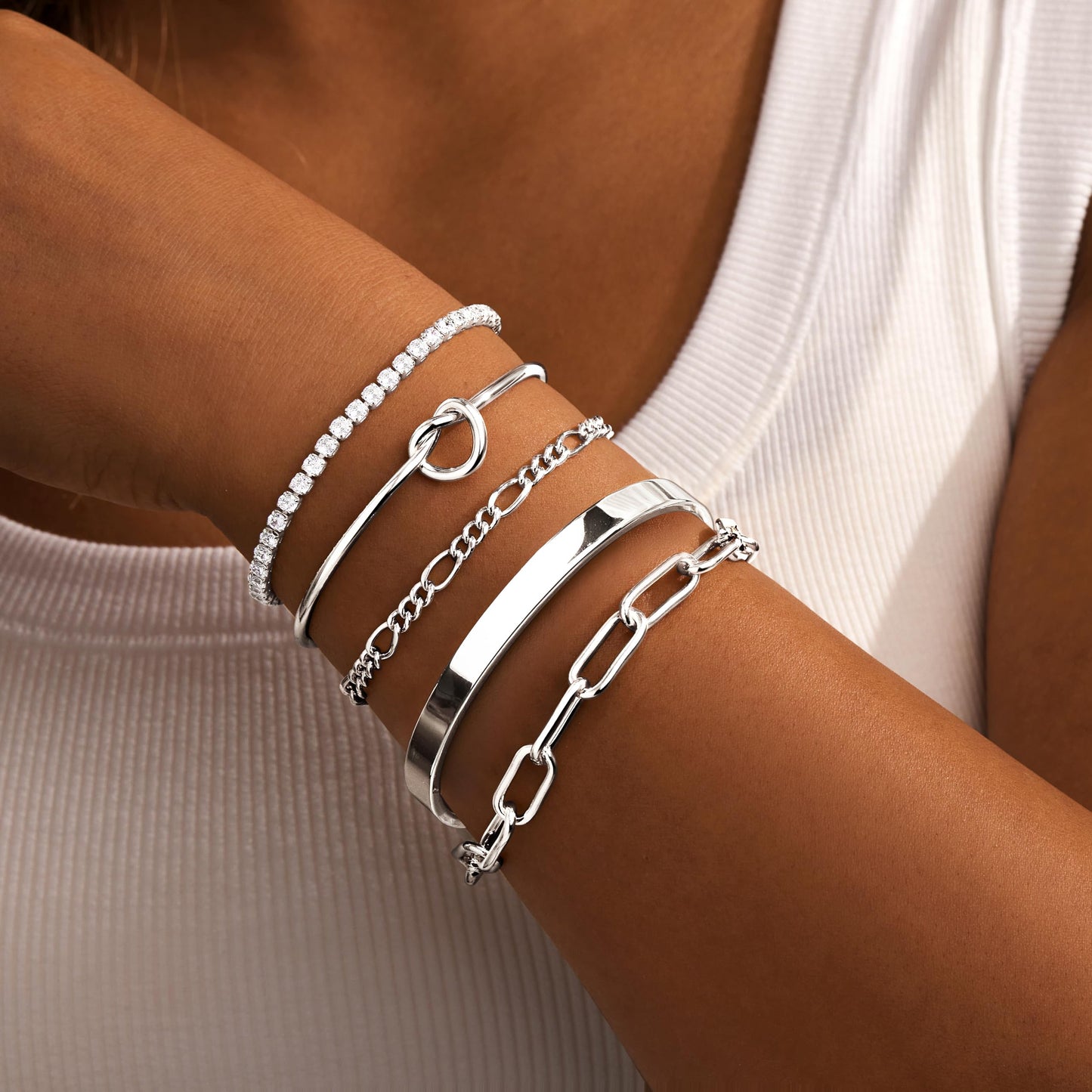 Gokeey Gold Bracelets Set for Women Non Tarnish, Waterproof 14K Gold Plated Sterling Silver Chunky Cuff Bracelet Stackable Gold Bangles Bracelet for Women Trendy Fashion Accessories Tie Knot Cuban Rope Paperclip Beaded Bracelet Stack Jewelry Mothers Day G