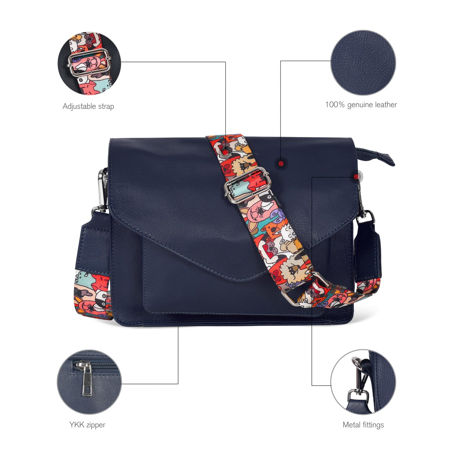 Leather Flapover Crossbody Handbag Purse for Women with Adjustable Strap & Overflap Snap Closure Tote/Bag