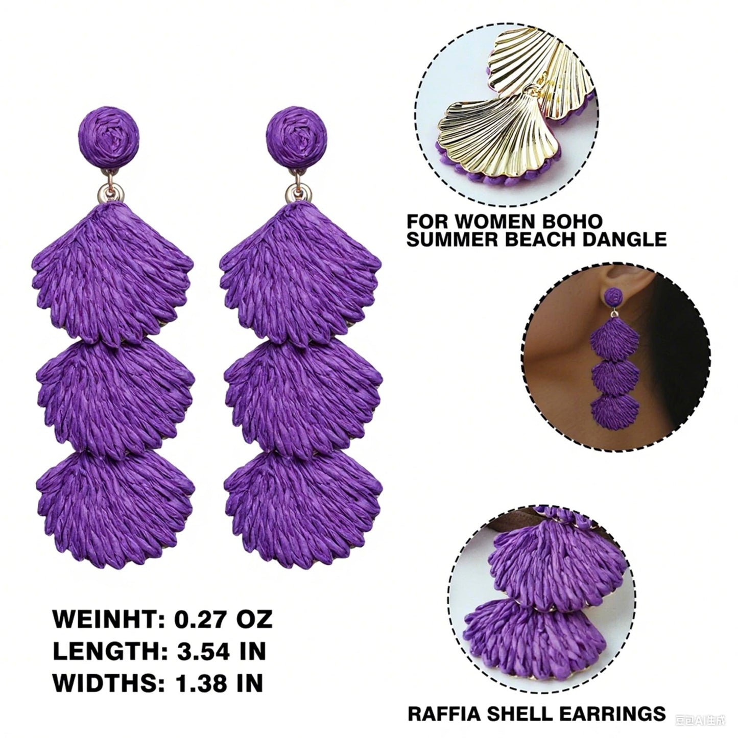 Raffia Dangle Earrings for Women - Boho Statement Rattan Drop Jewelry with Shell Design, Lightweight Summer Beach Trendy Accessories