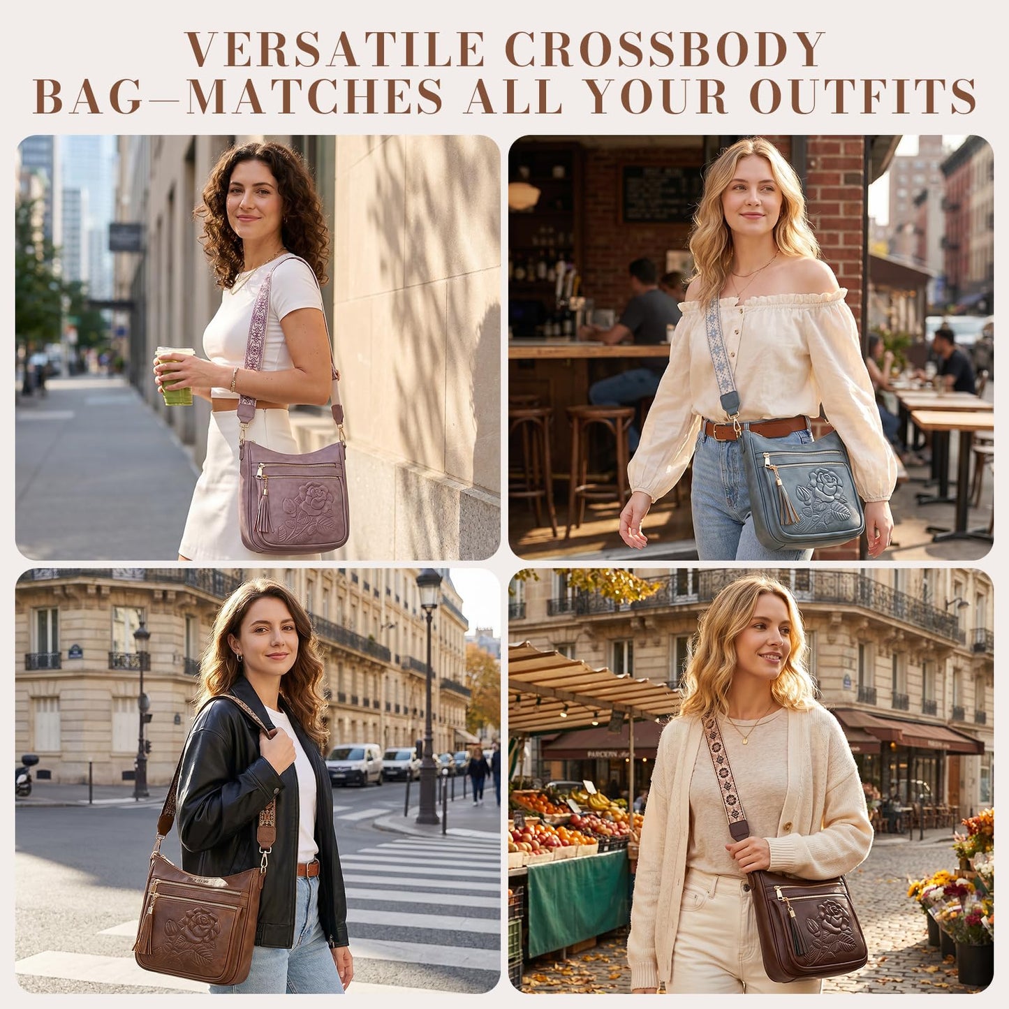 Crossbody Bags for Women, Vegan Leather Crossbody Purse, Multiple Pocket Daily Travel Shoulder Bag with Boho Strap