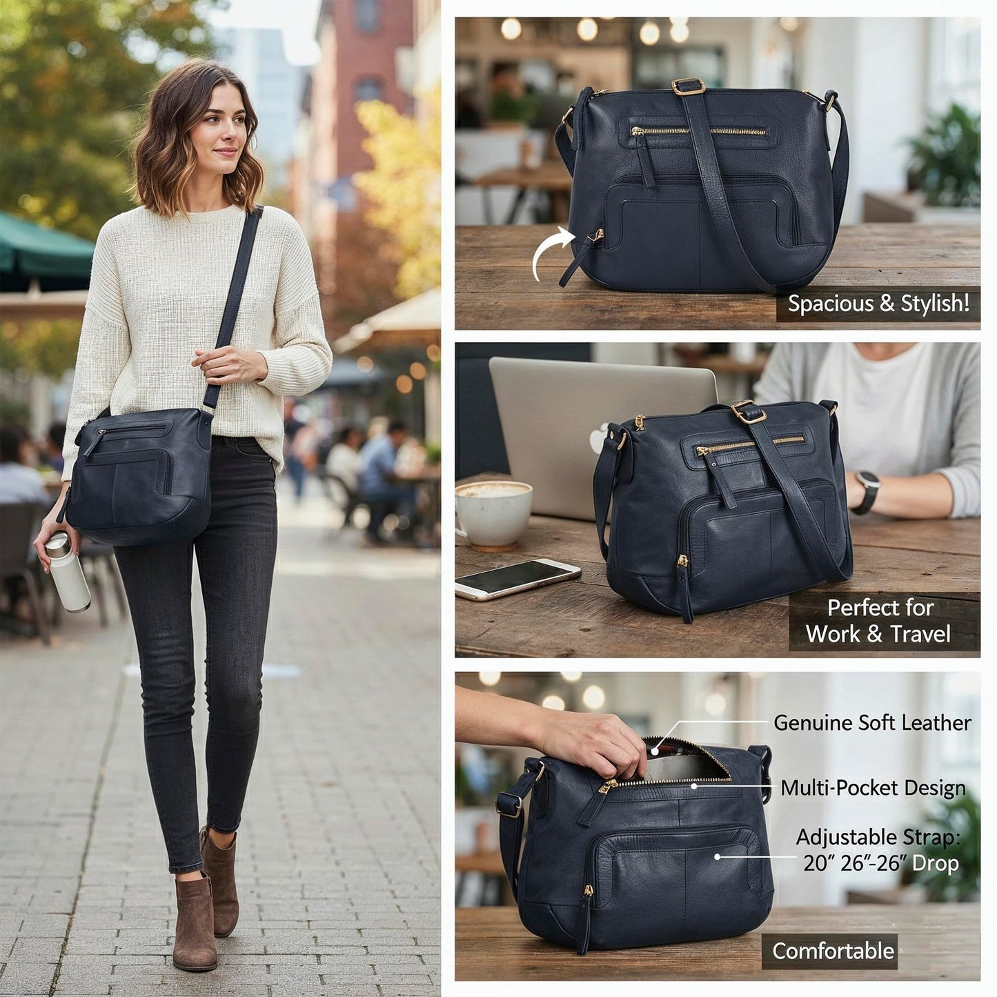 Oak Leathers Women's Crossbody Bag - Genuine Leather Crossover Shoulder Purse With Adjustable Sling Strap - Medium Size