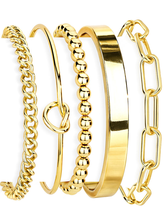 Gokeey Gold Bracelets Set for Women Non Tarnish, Waterproof 14K Gold Plated Sterling Silver Chunky Cuff Bracelet Stackable Gold Bangles Bracelet for Women Trendy Fashion Accessories Tie Knot Cuban Rope Paperclip Beaded Bracelet Stack Jewelry Mothers Day G