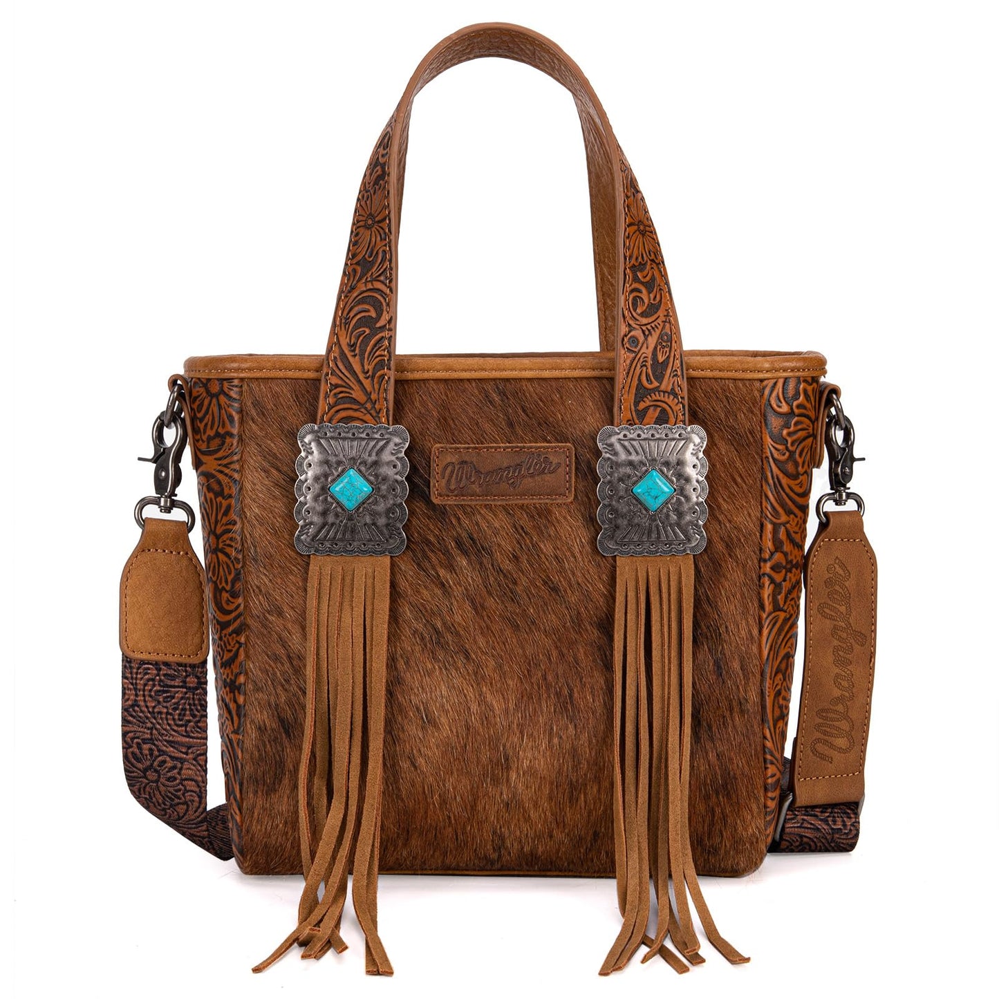 Montana West Wrangler Cowhide Tote Bag for Women Western Tooling Handbag Leather Fringing with Turquoise Stone Concho