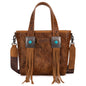 Montana West Wrangler Cowhide Tote Bag for Women Western Tooling Handbag Leather Fringing with Turquoise Stone Concho