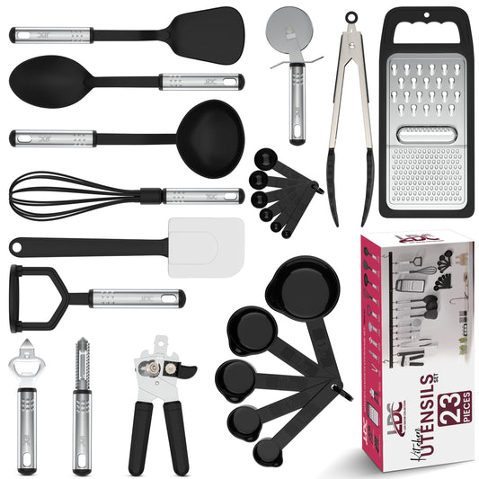LDC Cooking Utensils Set BPA Free, Food Grade - Heat Resistant Non-Stick Cooking Set with Stainless Steel Handles, Kitchen Essential Tools and Gadgets, 23 Piece - Black