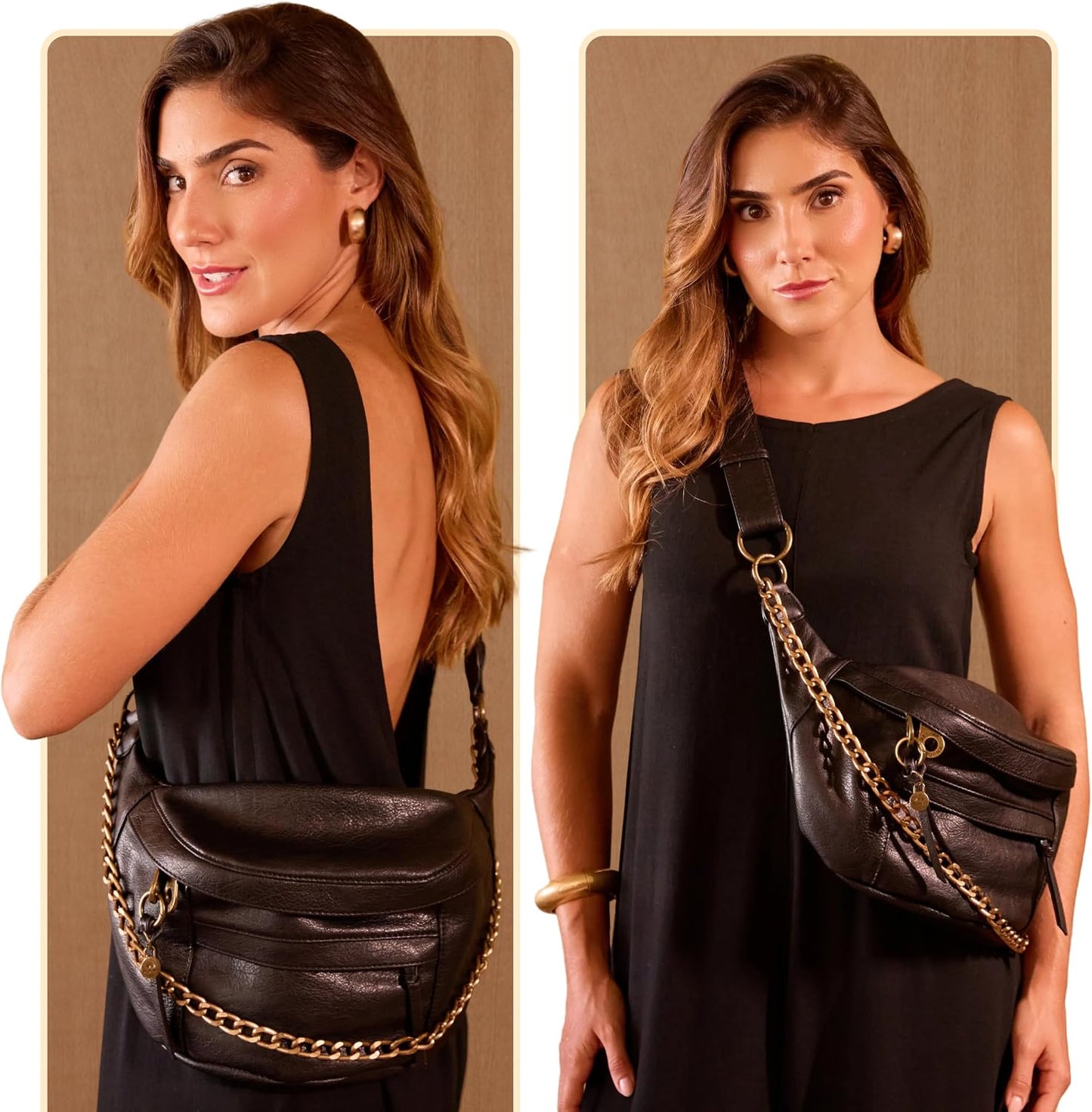 Anti Pickpocket Crossbody Bag – Large Vegan Black Leather Sling Bag with RFID & Glasses Pockets, Anti Theft Design, Multiple Compartments, Chain Detail Travel Crossbody Bag for Women