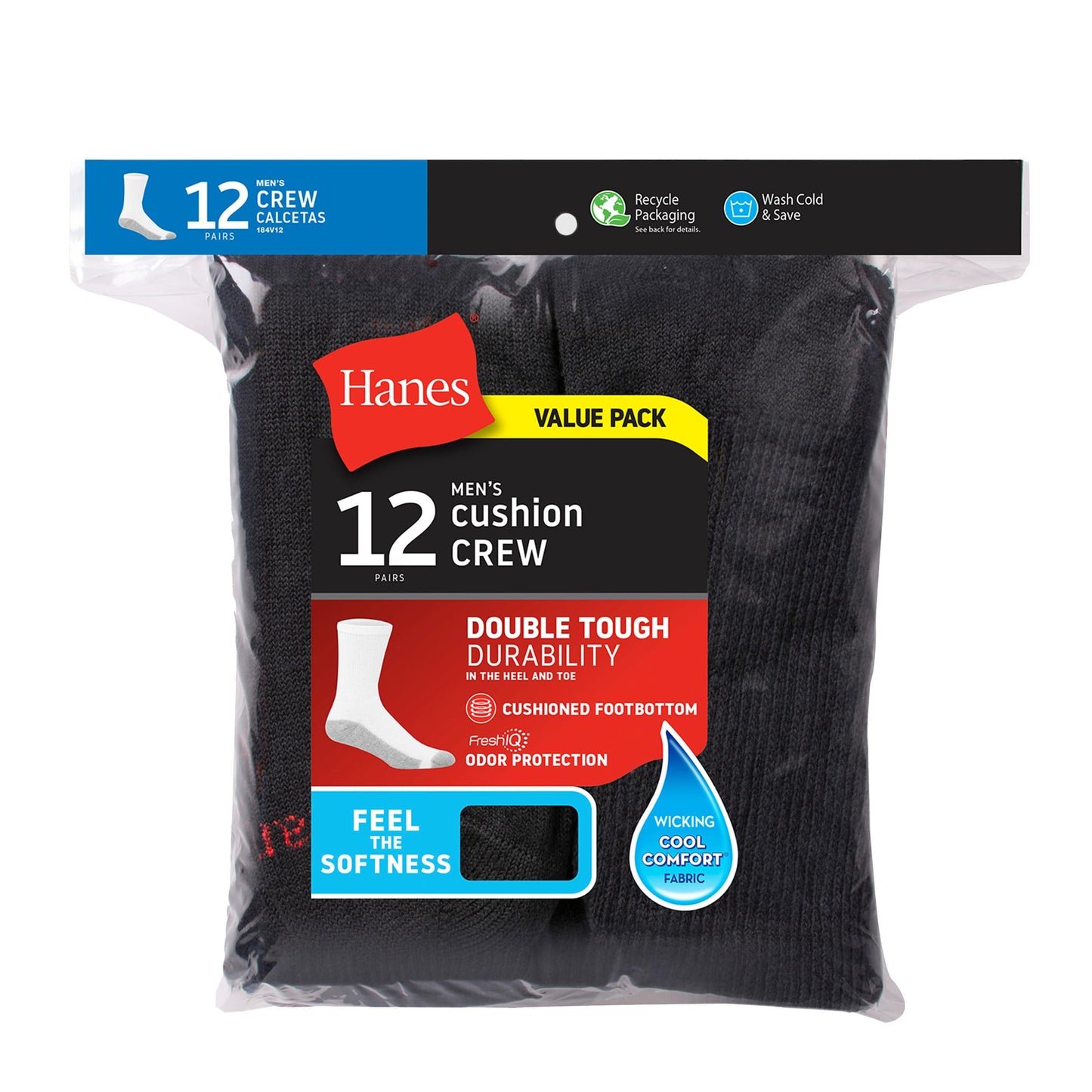 Hanes Mens Double Tough Socks, 12-pair Pack Crew Socks, White/Grey Foot Bottom, 6-12
