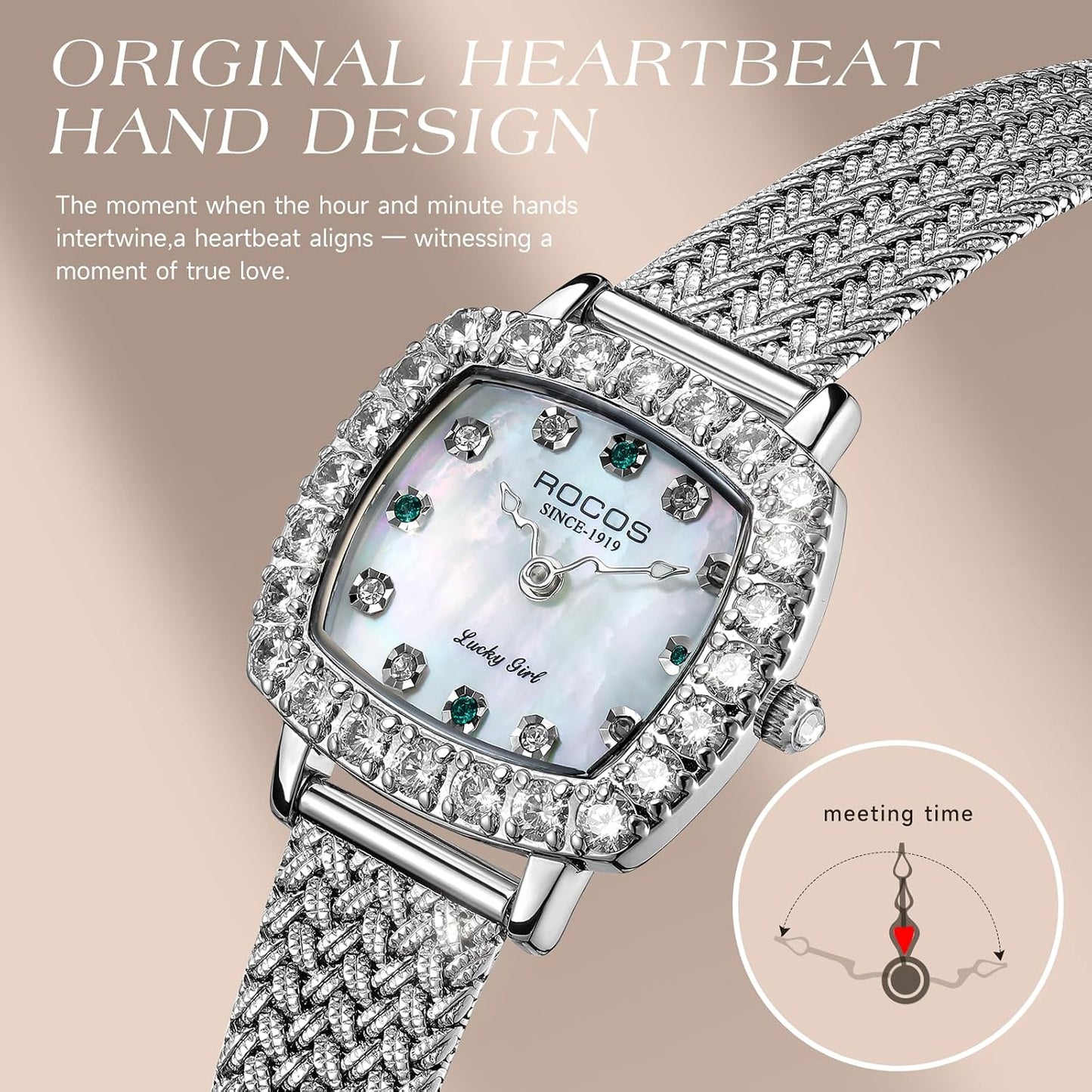 ROCOSJEWE Luxury Silver Diamond Ladies Watch for Women, Square Quartz Wrist Watch with Natural Mother-of-Pearl Dial, Elegant Small Dial, Premium Branded Women’s Watch, Gift for Women R0264
