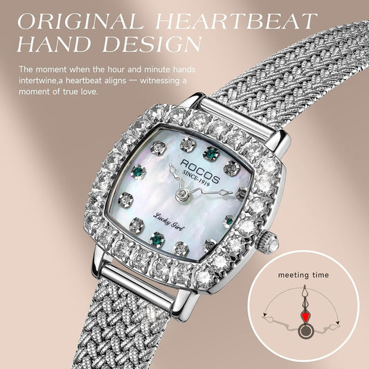 ROCOSJEWE Luxury Silver Diamond Ladies Watch for Women, Square Quartz Wrist Watch with Natural Mother-of-Pearl Dial, Elegant Small Dial, Premium Branded Women’s Watch, Gift for Women R0264