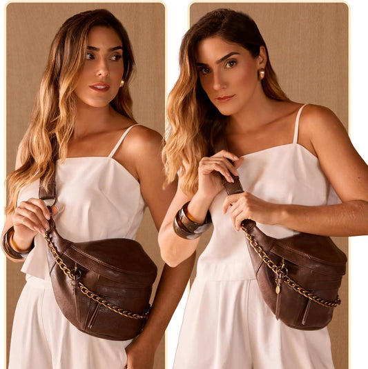 Anti Pickpocket Crossbody Bag – Large Vegan Dark Brown Leather Sling Bag with RFID & Glasses Pockets, Anti Theft Design, Multiple Compartments, Chain Detail Travel Crossbody Bag for Women