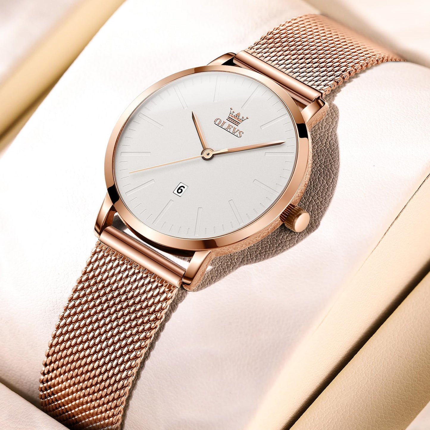 OLEVS Women's Mesh Bracelet Watch, Elegant Large Face Three Hand Analog Quartz Womens Wristwatch, Pretty Slim Date Display Waterproof Ladies Watches for Small Wrists