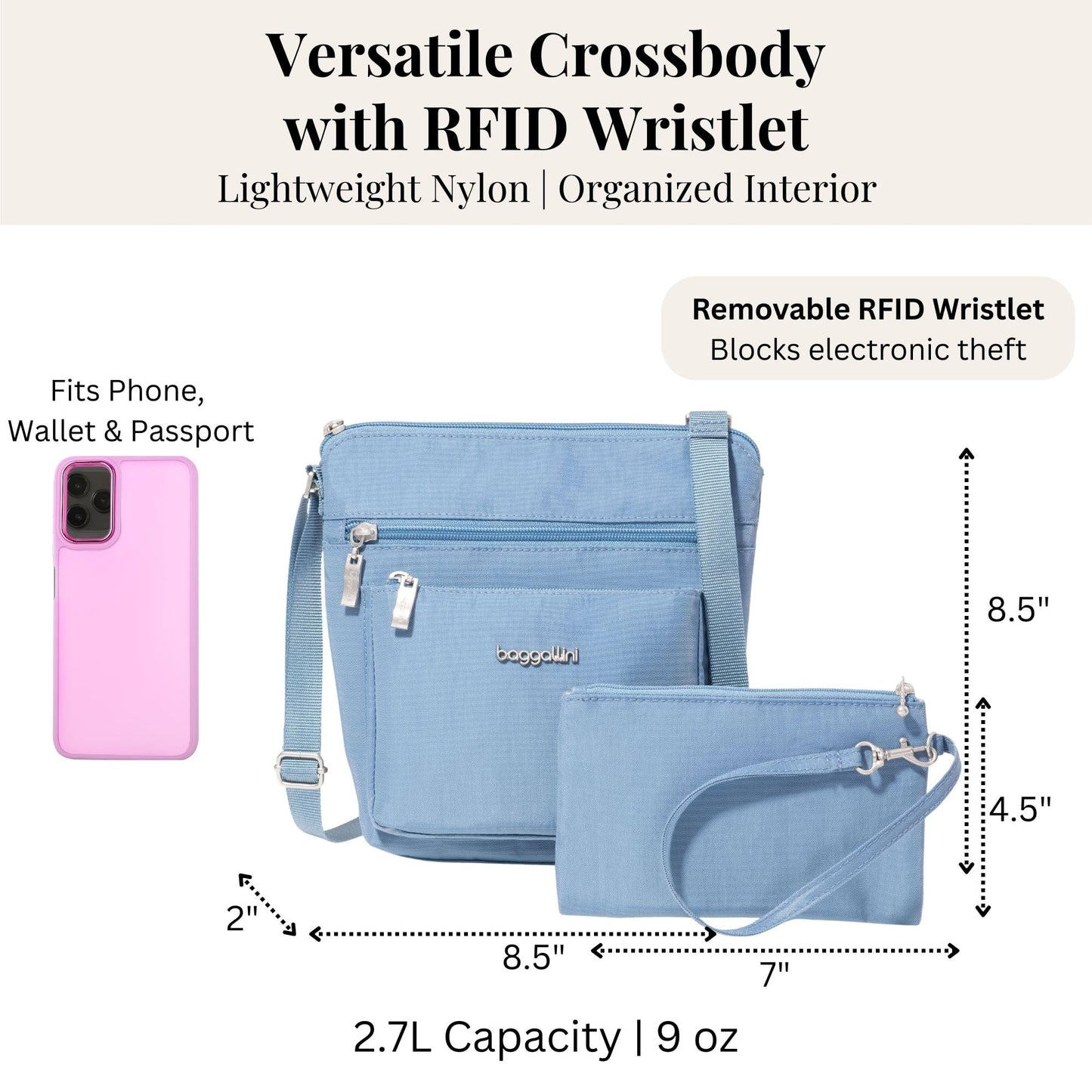 Baggallini Pocket Crossbody Bags for Women 8x8 Small Lightweight Durable Water-resistant Travel Purse W/Rfid
