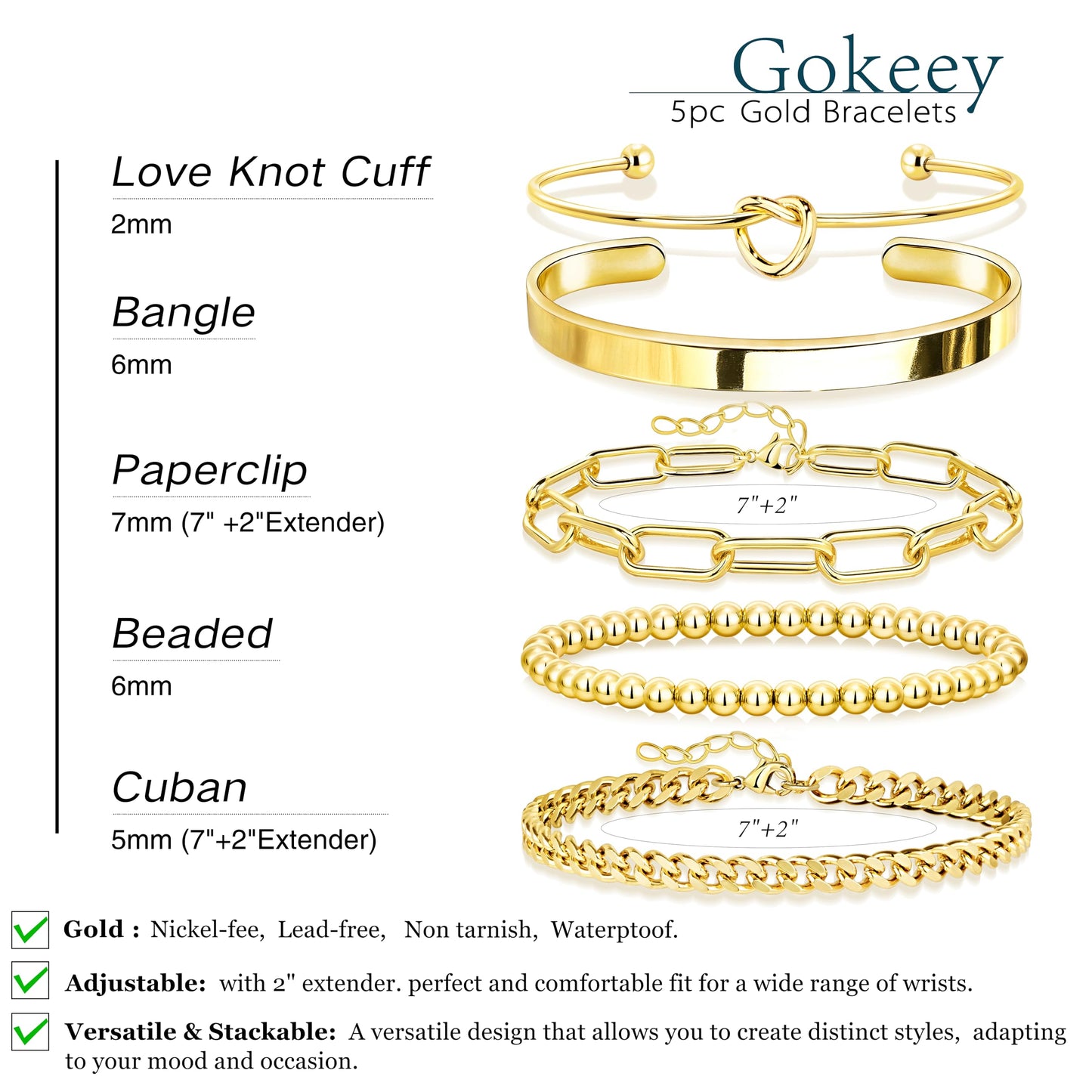 Jewelry Gold Bracelets Set for Women Non Tarnish, Waterproof 14K Gold Plated Sterling Silver Chunky Cuff Bracelet Stackable Gold Bangles Bracelet for Women Trendy Fashion Accessories Tie Knot Cuban Rope Paperclip Beaded Bracelet Stack