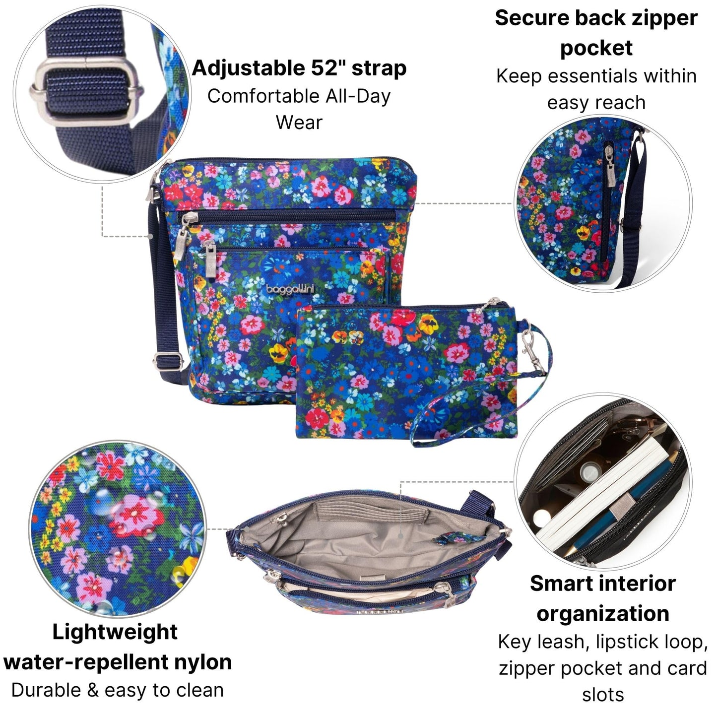 Baggallini Pocket Crossbody Bags for Women 8x8 Small Lightweight Durable Water-resistant Travel Purse W/Rfid