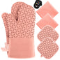 KEGOUU Oven Mitts and Pot Holders 6pcs Set, Kitchen Oven Glove High Heat Resistant 500 Degree Extra Long Oven Mitts and Potholder with Non-Slip Silicone Surface for Cooking (Gray)