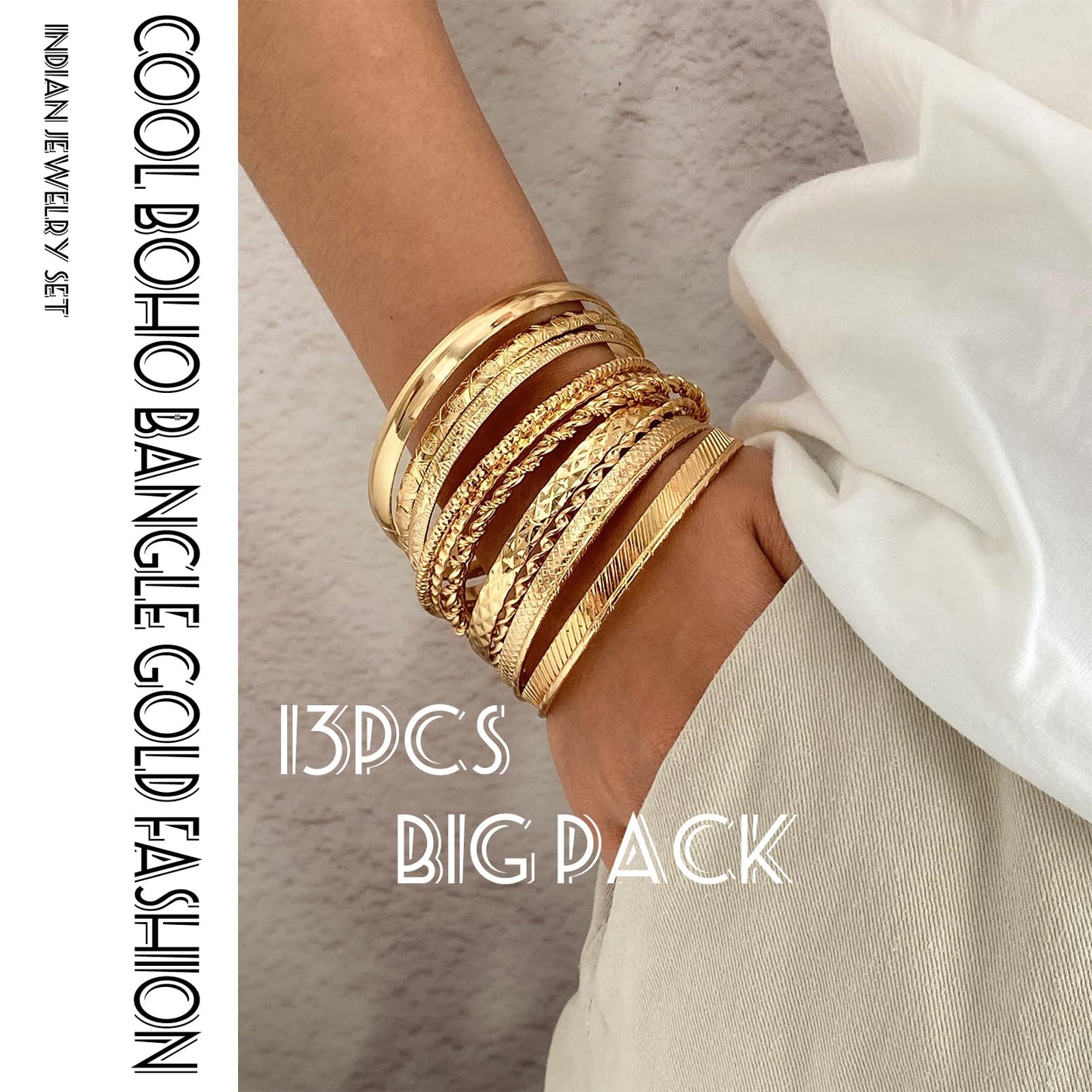 17IF Gold Bangle Bracelet For Women, 14k Multilayer Charm Textured Stackable Bracelets Boho Indian Chunky Cuff Fashion Jewelry Gift