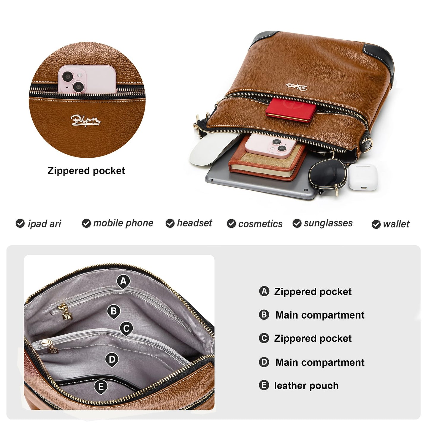 BOYATU Leather Crossbody Bag for Women: Designer Shoulder Purse for Travel - Trendy Genuine Leather Handbag for Everyday