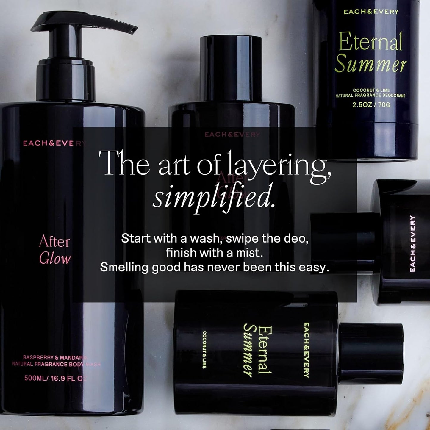Each & Every Mini Body Wash Travel Set - 4 Natural Fragrance Shower Gels - Ceramides, Lactic Acid AHA & Moringa Oil - Day Dream, After Glow, Sunday Morning & Eternal Summer