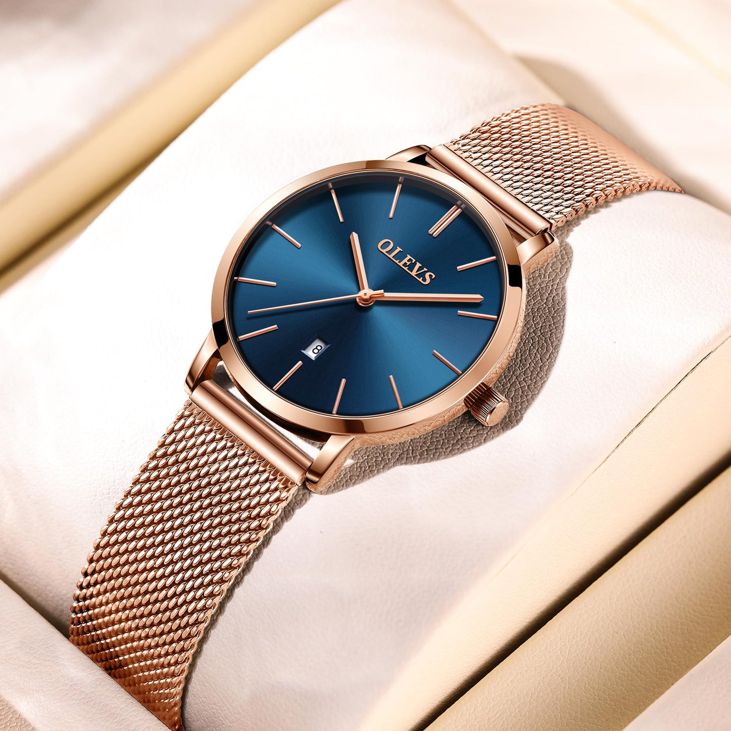OLEVS Women's Mesh Bracelet Watch, Elegant Large Face Three Hand Analog Quartz Womens Wristwatch, Pretty Slim Date Display Waterproof Ladies Watches for Small Wrists