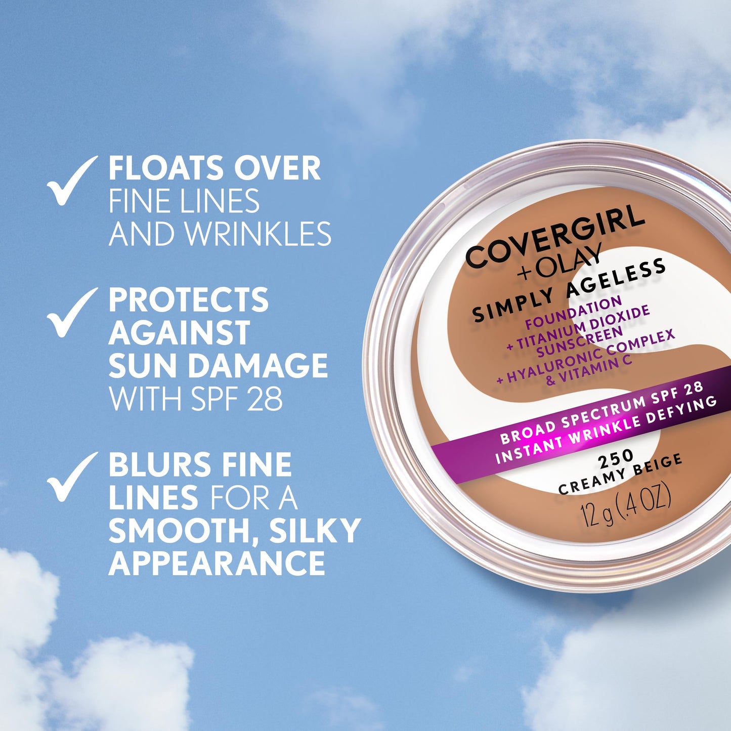 COVERGIRL Simply Ageless Instant Wrinkle Defying Foundation, SPF 28, Hyaluronic Complex & Vitamin C - 250 Creamy Beige, Pack of 1