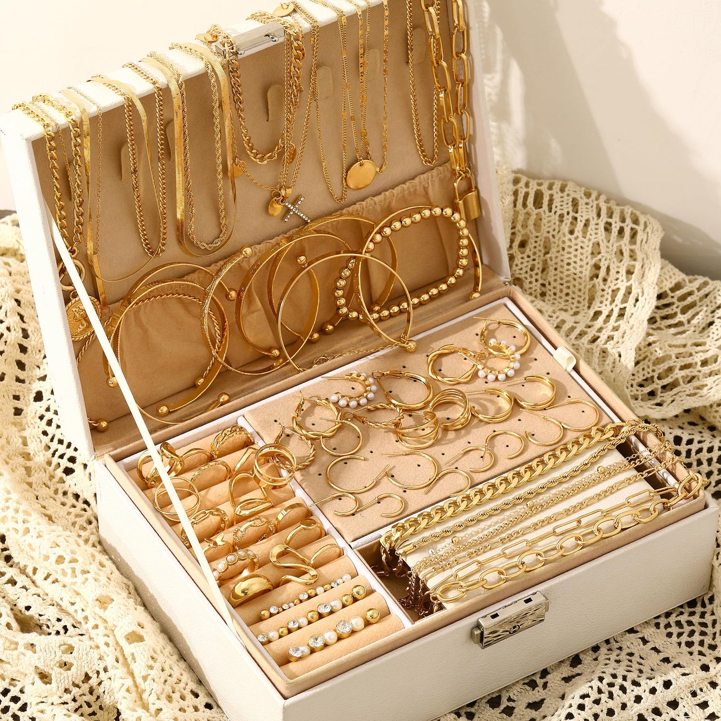 Jewelry 68 Pcs Gold Jewelry Set for Women with 7 Necklace, 17 Bracelet, 5 Hoop Earrings, 15 Stud Earrings, 24 Knuckle Rings for Women Jewelry Set for Women Gift