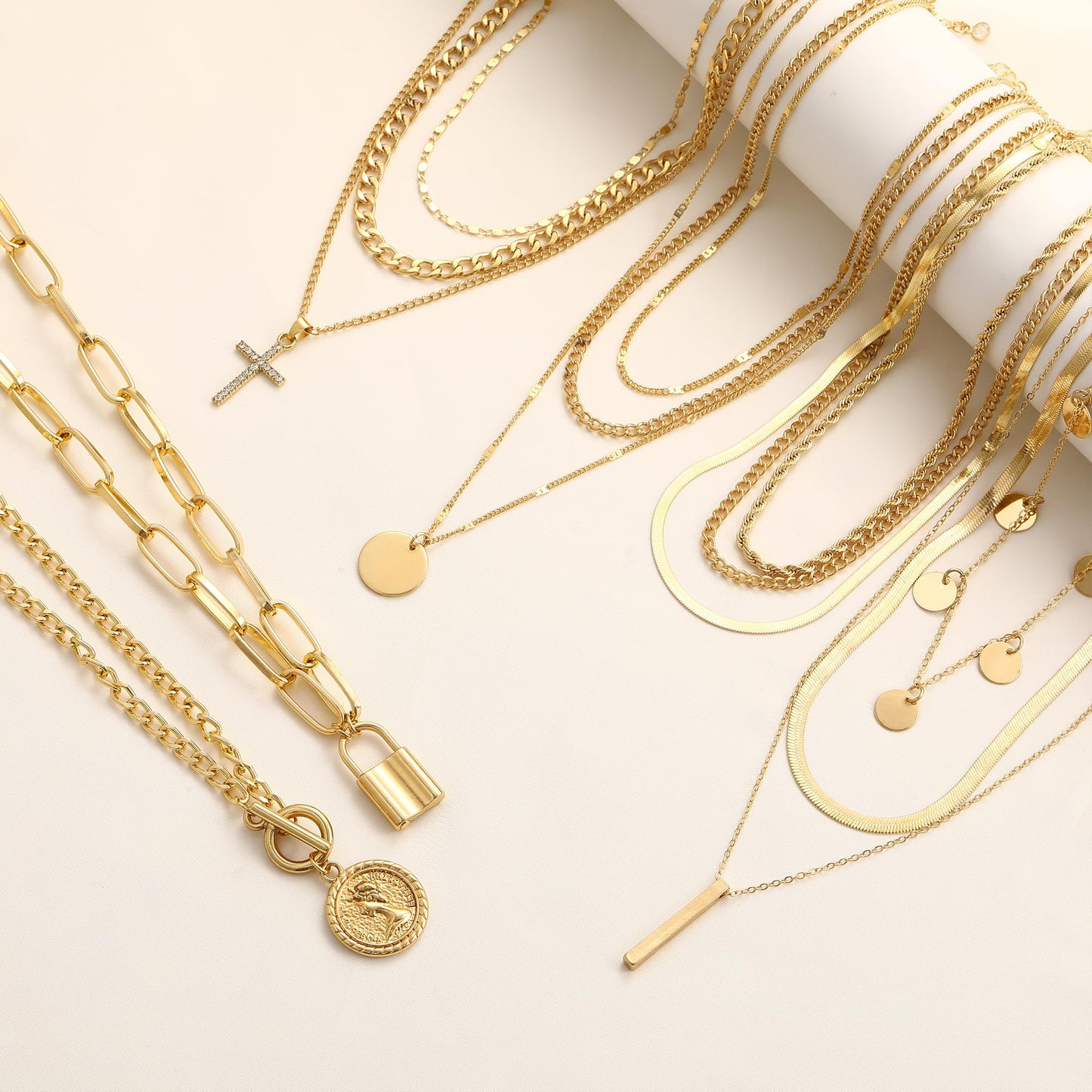 Jewelry 68 Pcs Gold Jewelry Set for Women with 7 Necklace, 17 Bracelet, 5 Hoop Earrings, 15 Stud Earrings, 24 Knuckle Rings for Women Jewelry Set for Women Gift