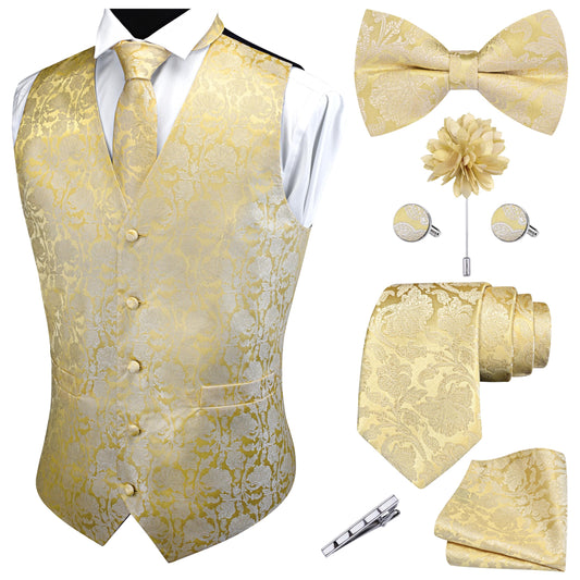 GUSLESON Mens Champagne Gold Floral Suit Vest Tie and Bow Tie Set Silk Floral Waistcoat Necktie and Pocket Square Lapel Pin Set (0814-21-S)