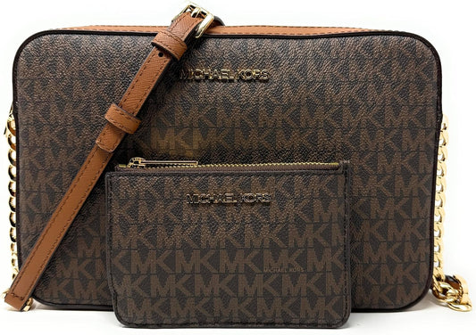 Michael Kors Jet Set Large Printed Logo Crossbody Bag With Matching Logo Coin Pouch (Brown)