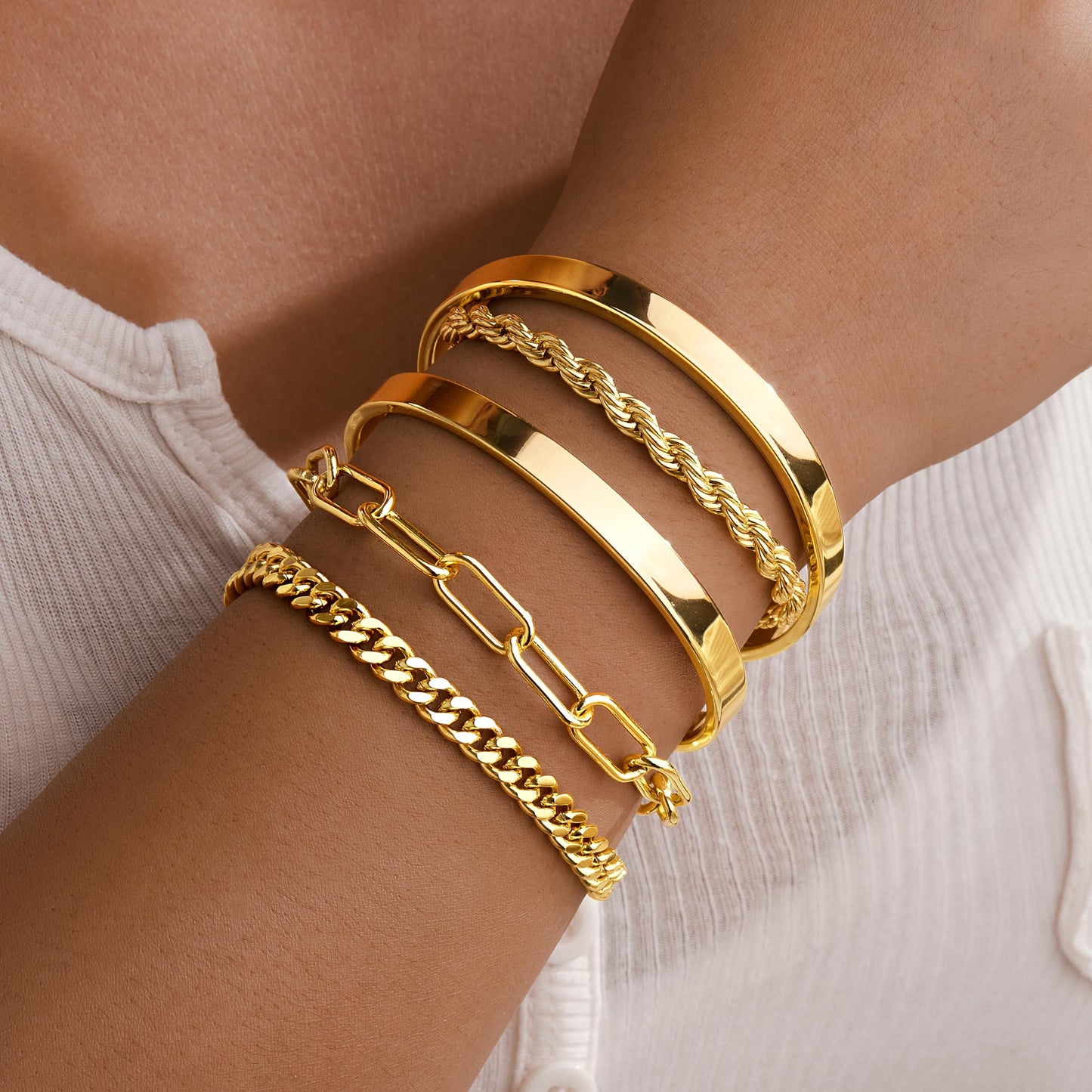 Jewelry Gold Bracelets Set for Women Non Tarnish, Waterproof 14K Gold Plated Sterling Silver Chunky Cuff Bracelet Stackable Gold Bangles Bracelet for Women Trendy Fashion Accessories Tie Knot Cuban Rope Paperclip Beaded Bracelet Stack