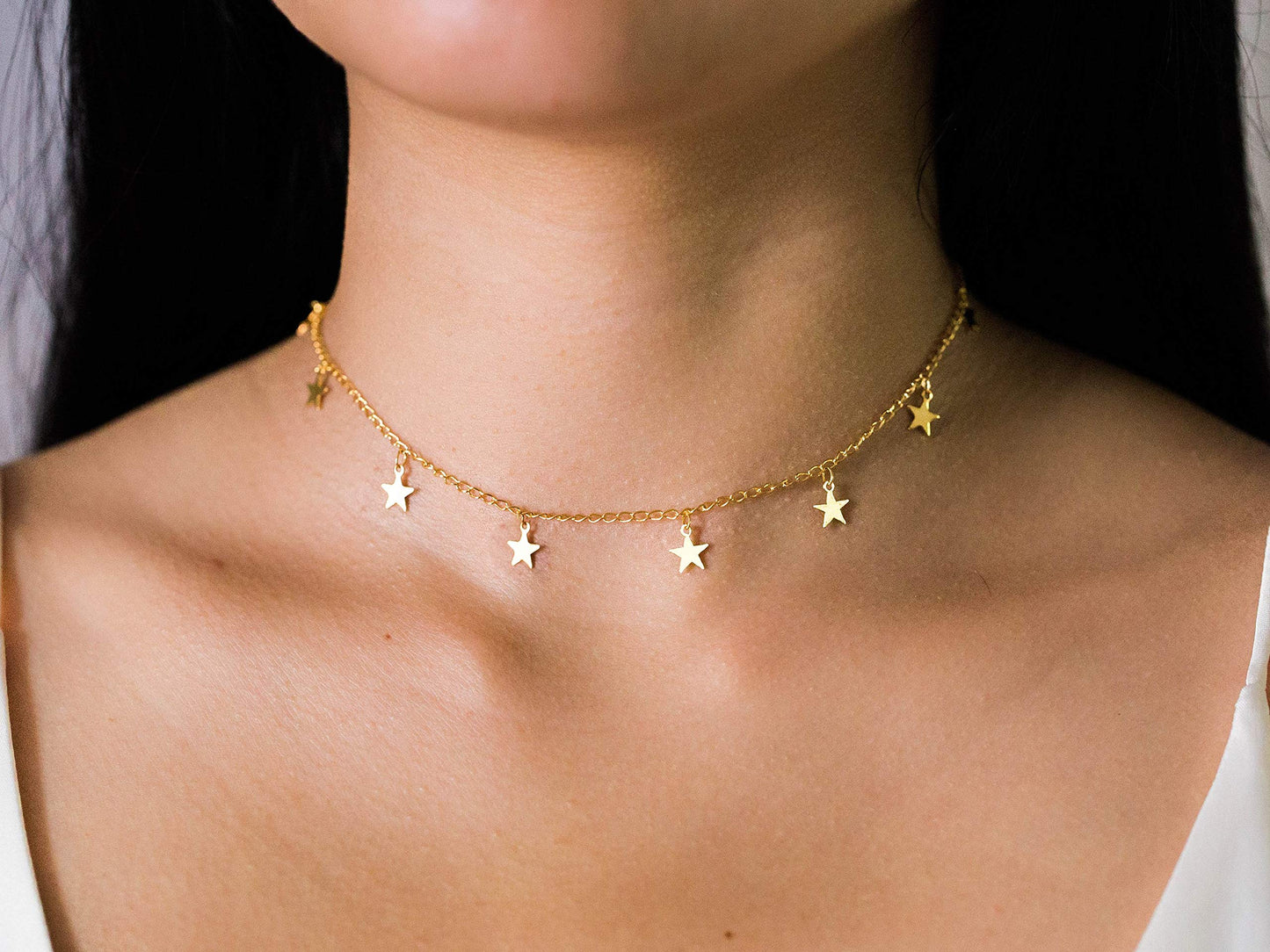 S.J JEWELRY Women Simple Delicate Full Moon 14K Gold Plated/Rose Gold/Silver Plated Layered Pendant Handmade Star Chokers Necklaces