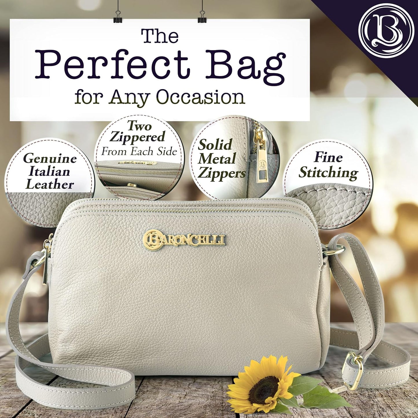 Baroncelli Crossbody Bag Made in Italy with Long Stripe Genuine Italian Soft Leather