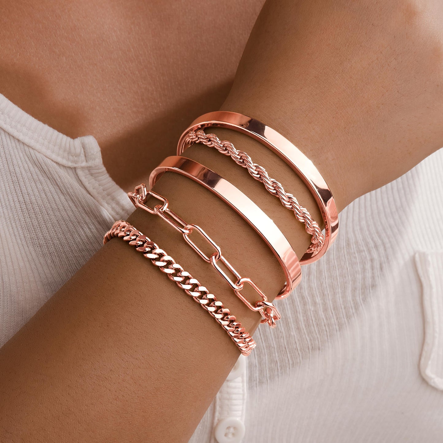 Jewelry Gold Bracelets Set for Women Non Tarnish, Waterproof 14K Gold Plated Sterling Silver Chunky Cuff Bracelet Stackable Gold Bangles Bracelet for Women Trendy Fashion Accessories Tie Knot Cuban Rope Paperclip Beaded Bracelet Stack