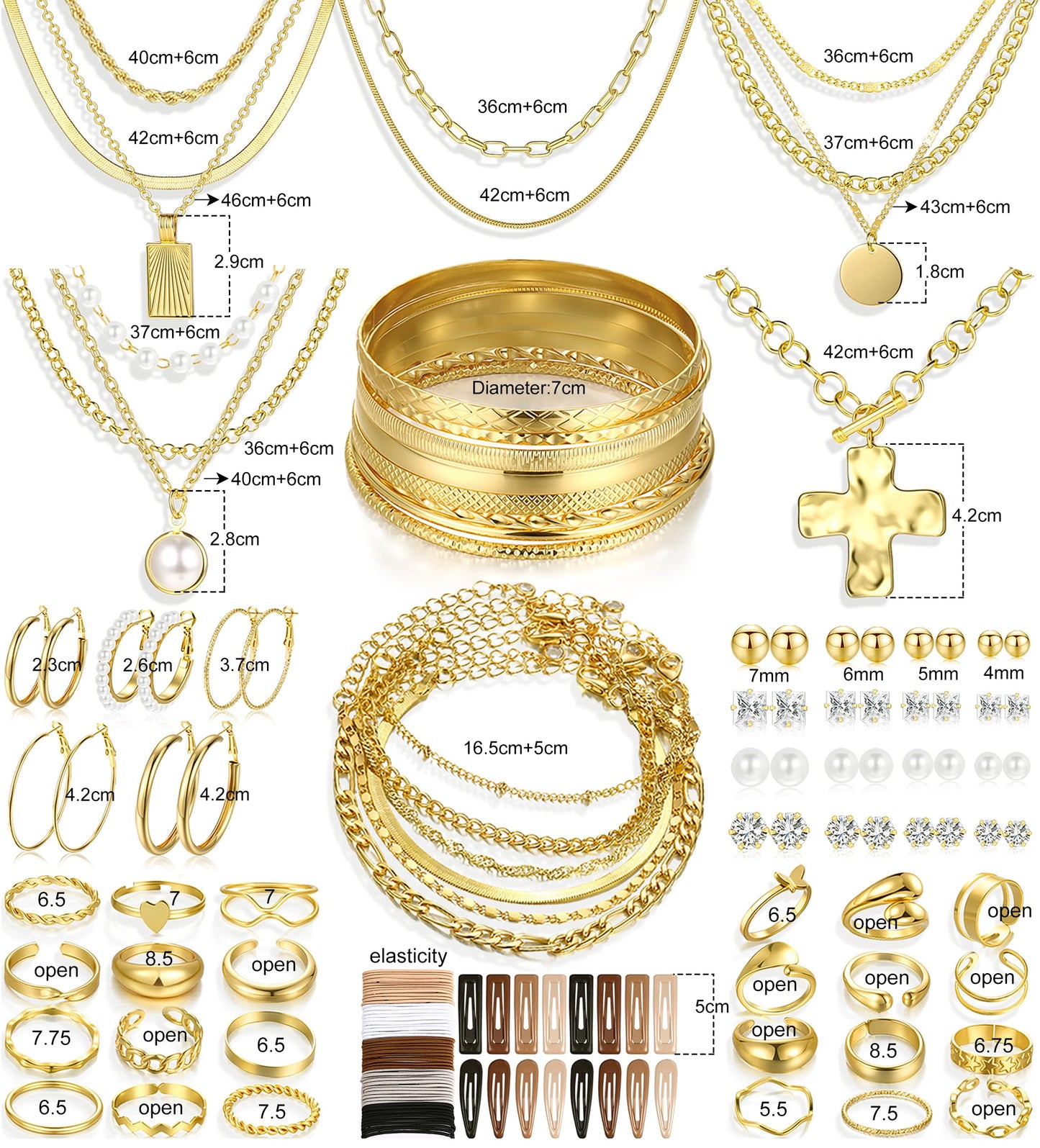 Jewelry 68 Pcs Gold Jewelry Set for Women with 7 Necklace, 17 Bracelet, 5 Hoop Earrings, 15 Stud Earrings, 24 Knuckle Rings for Women Jewelry Set for Women Gift