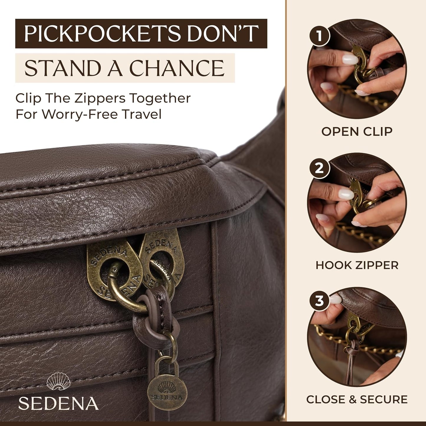 Anti Pickpocket Crossbody Bag – Large Vegan Dark Brown Leather Sling Bag with RFID & Glasses Pockets, Anti Theft Design, Multiple Compartments, Chain Detail Travel Crossbody Bag for Women