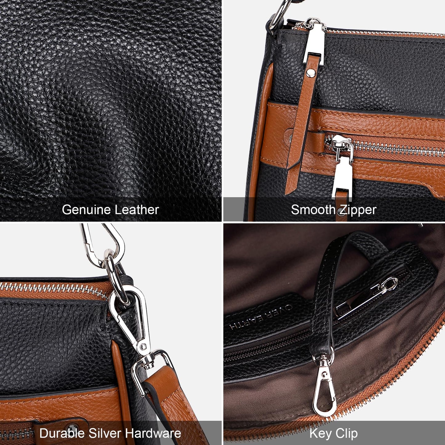 Over Earth Soft Genuine Leather Crossbody Bags for Women Medium Shoulder Purses Hobo Handbags with Multi Pockets