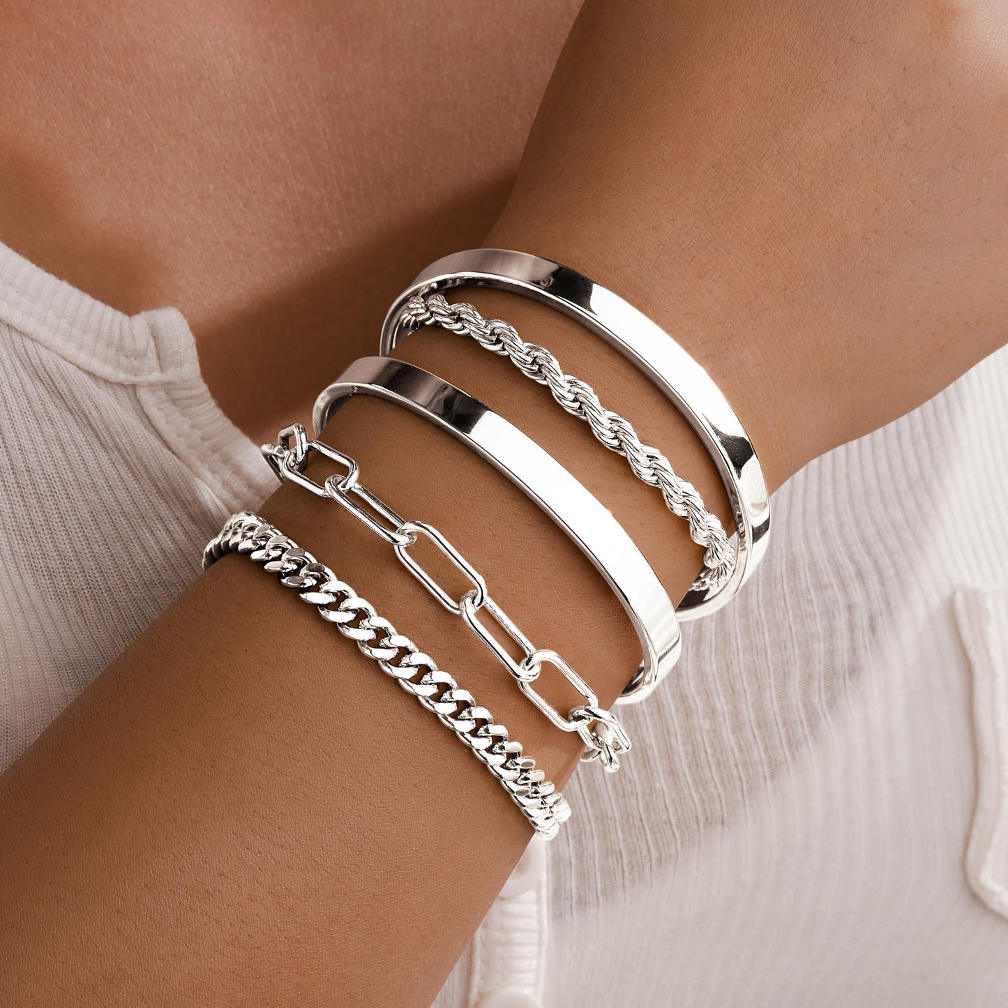 Jewelry Gold Bracelets Set for Women Non Tarnish, Waterproof 14K Gold Plated Sterling Silver Chunky Cuff Bracelet Stackable Gold Bangles Bracelet for Women Trendy Fashion Accessories Tie Knot Cuban Rope Paperclip Beaded Bracelet Stack