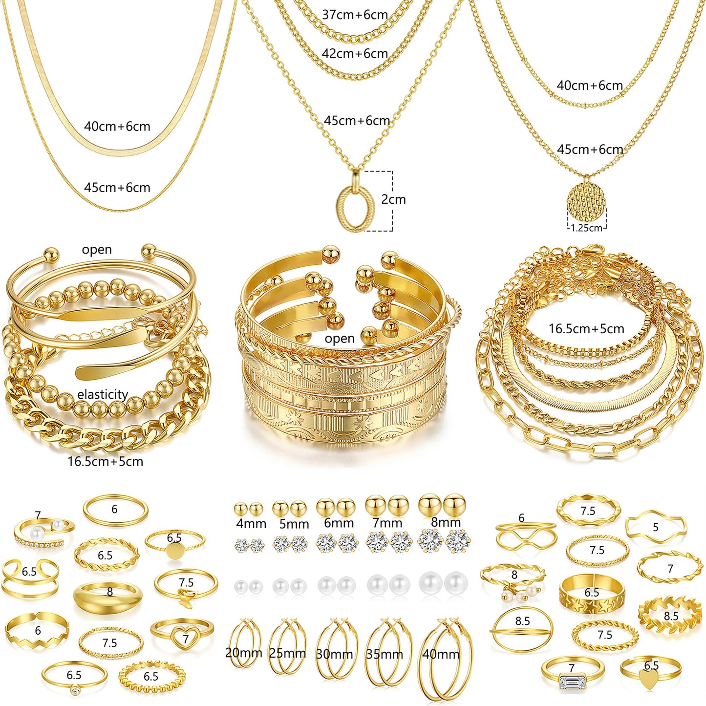 Jewelry 68 Pcs Gold Jewelry Set for Women with 7 Necklace, 17 Bracelet, 5 Hoop Earrings, 15 Stud Earrings, 24 Knuckle Rings for Women Jewelry Set for Women Gift