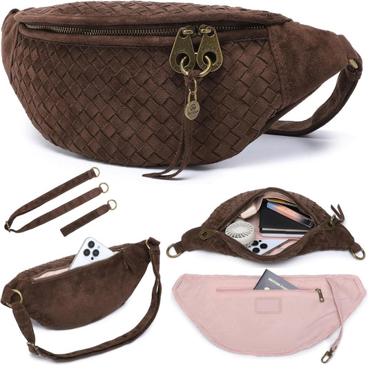 Woven Anti-Pickpocket Crossbody Bag for Women, Vegan Suede Travel Purse with RFID Pocket, Phone Pocket, Adjustable Strap and Extender, Hands-Free Sling Bag for Everyday and Travel, Dark Brown
