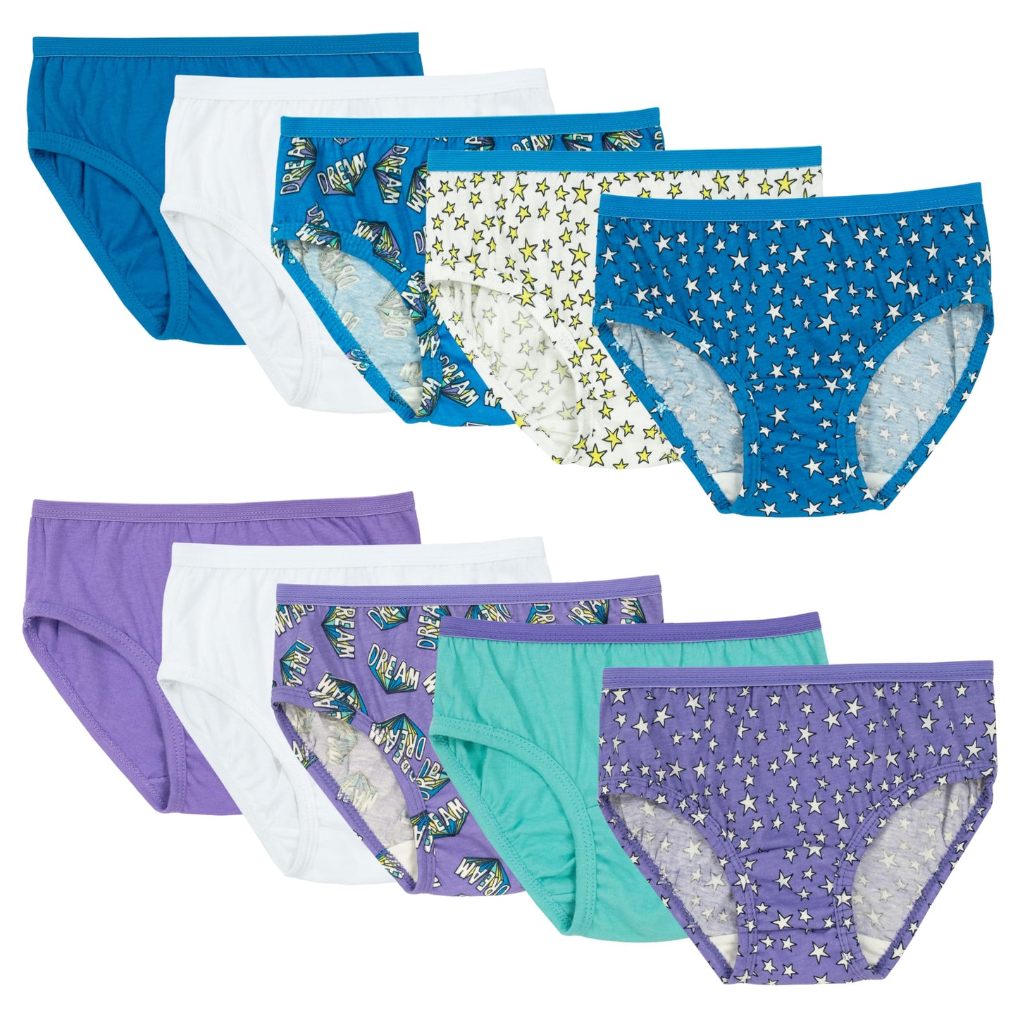 Fruit of the Loom Girls' Tag Free Cotton Brief Underwear Multipacks, Low Rise Brief-10 Pack-Purple/Blue/White, 4