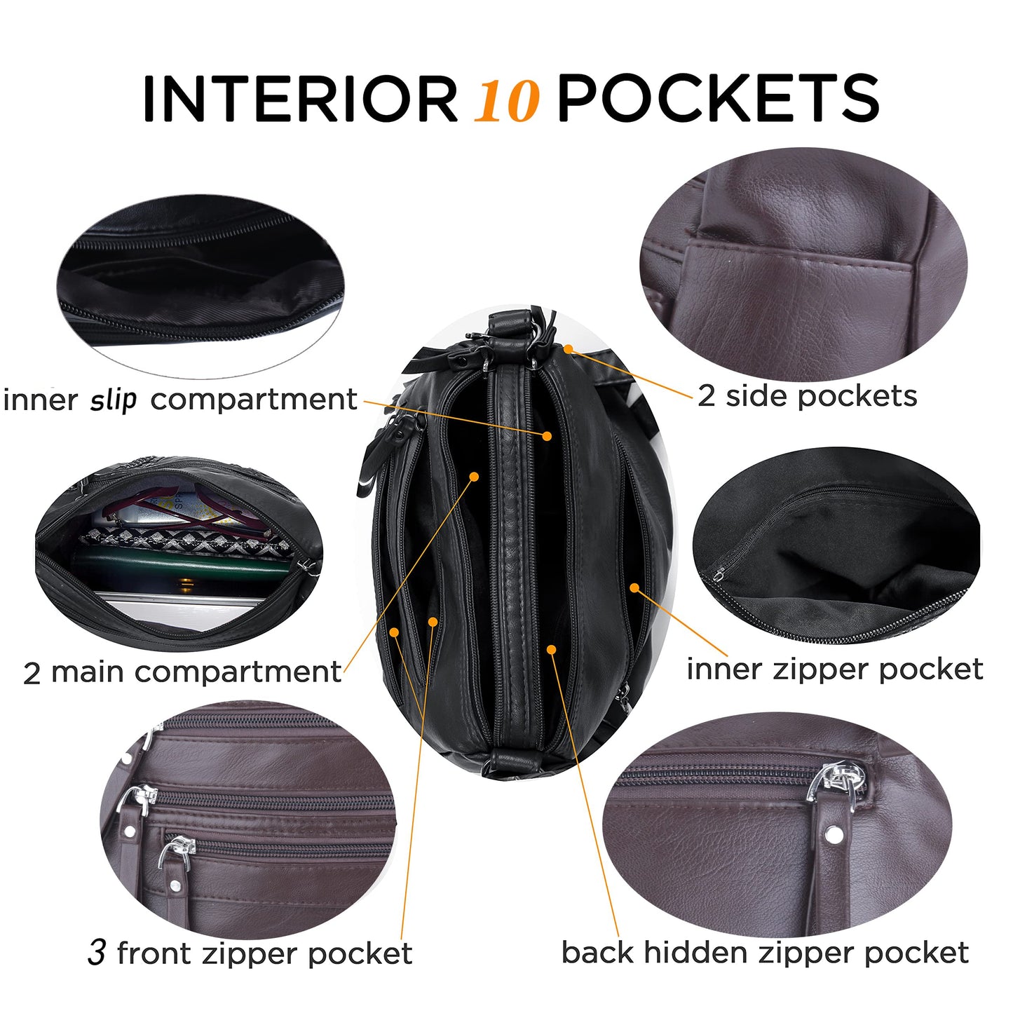 ELDA 10 Pockets Crossbody Purses for Women Medium Pocketbooks Lightweight Ladies Satchel Bag Multi Pocket Shoulder Handbag