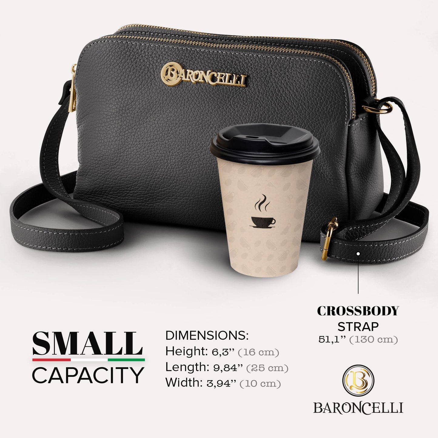Baroncelli Crossbody Bag Made in Italy with Long Stripe Genuine Italian Soft Leather