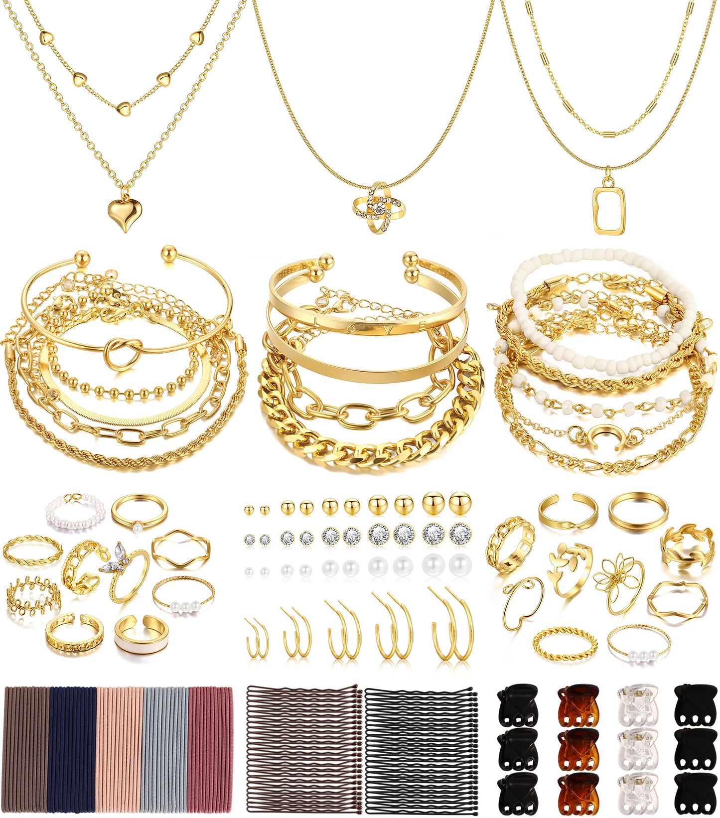 Jewelry 68 Pcs Gold Jewelry Set for Women with 7 Necklace, 17 Bracelet, 5 Hoop Earrings, 15 Stud Earrings, 24 Knuckle Rings for Women Jewelry Set for Women Gift
