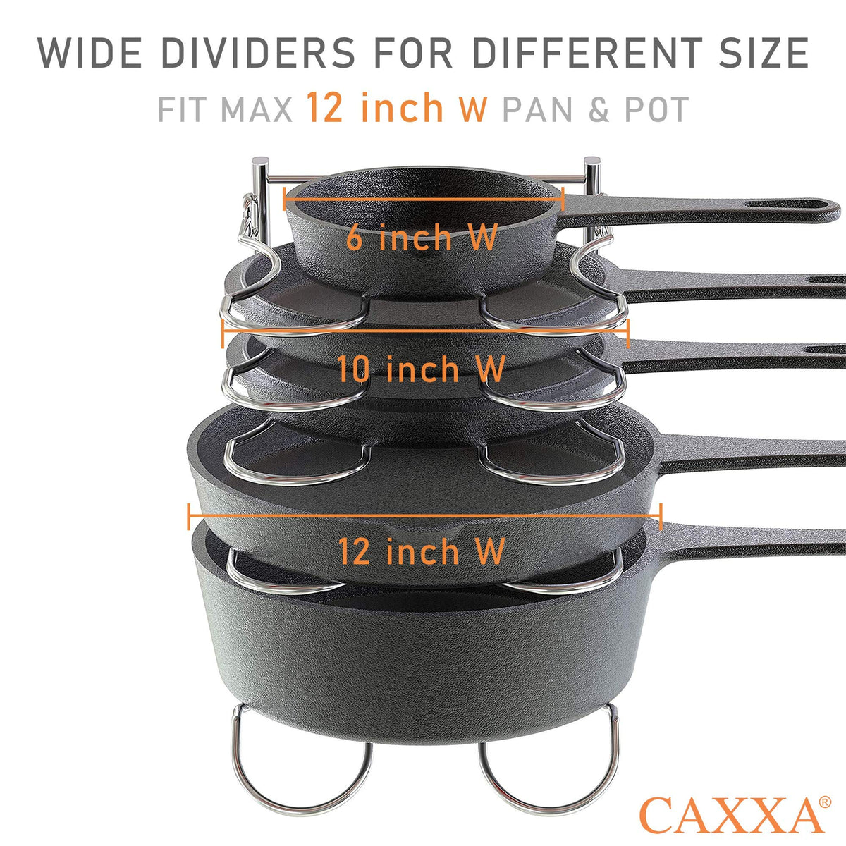 CAXXA Heavy Duty Pan Rack, Pot Lid Rack, Kitchen Cabinet Pantry Cookware Organizer Rack Holder with 5 Adjustable Dividers, Chrome